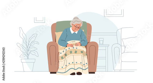 Senior Woman Sitting Alone Indoors Feeling Melancholy While Wrapped In A Blanket