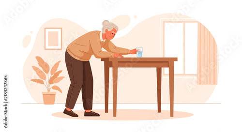 Senior Woman Reaching For Water Glass On Table Gentle Care Scene
