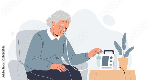 Senior Woman Receives Oxygen Therapy At Home With Modern Medical Equipment
