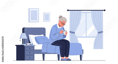 Senior Woman Taking Medication In Bedroom Setting Modern Illustration
