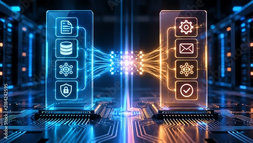 Digital data flow between two systems with icons