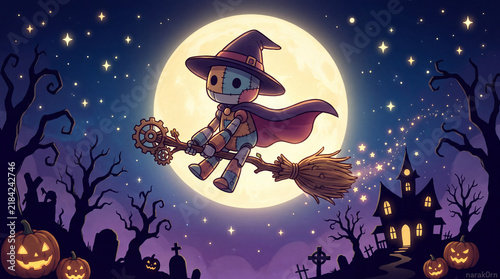 Robot witch broomstick moon halloween night flying scarecrow fantasy star