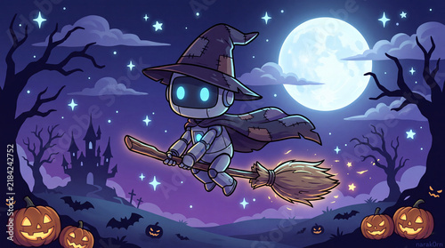 Robot witch broomstick moon halloween night flying fantasy costume spooky