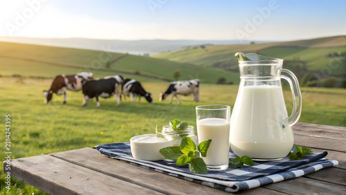 Serene Pastoral Scene with Glass Pitcher, Milk, and Mint
