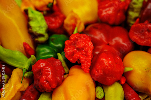 Variety of peppers displayed on a market stall in an open air setting during daytime