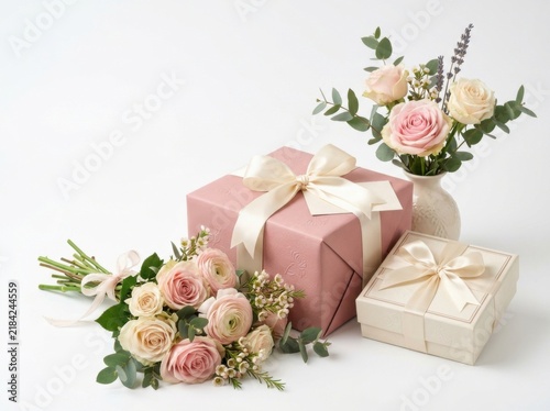 Elegant Gift Boxes with Pink Roses and Ribbon