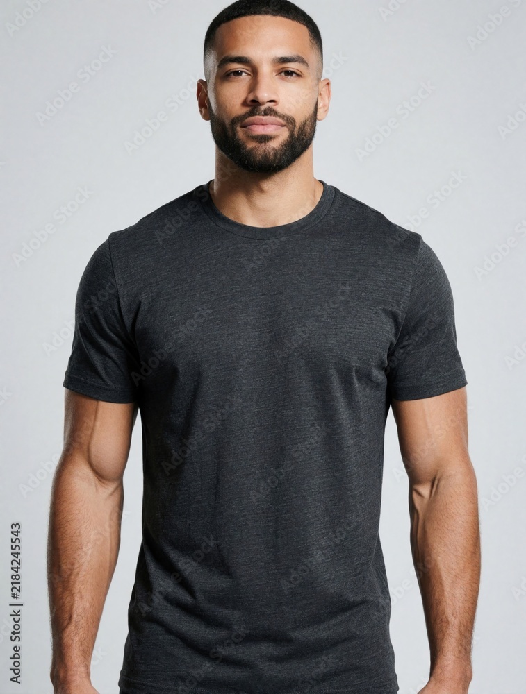 Fototapeta premium Athletic man with beard wears dark heather gray t shirt, poses in studio. Male model stands against plain light gray background, showing upper body, short sleeve shirt apparel.