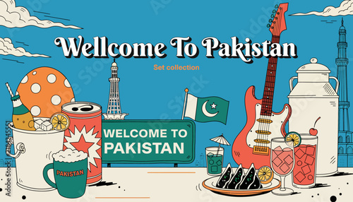 Welcome To Pakistan - Travel & Culture Icons: Guitar, Flag, Landmark, Drinks & Food, Retro Style