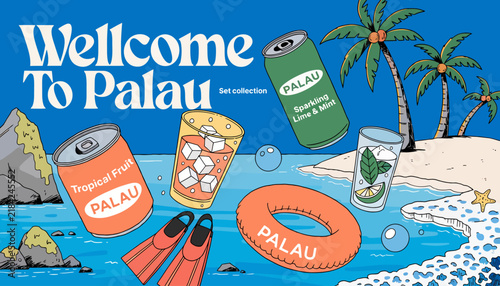 Welcome To Palau Tropical Drinks & Beach Vibes: Cans, Cocktails, Swimming Gear, Palm Trees, Ocean