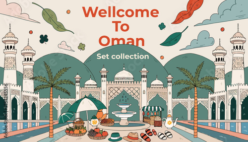 Welcome to Oman: Illustrated Travel Scene with Mosques, Palms, and Market Stalls