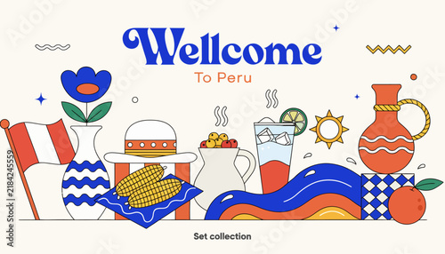 Welcome to Peru: Vibrant Peruvian Icons, Culture, and Symbols on Light Background