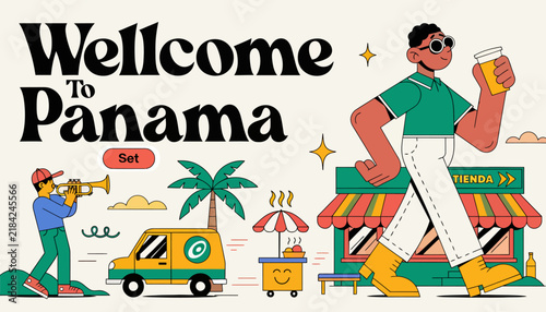 Welcome to Panama vibrant illustration with people, food truck, and iconic elements