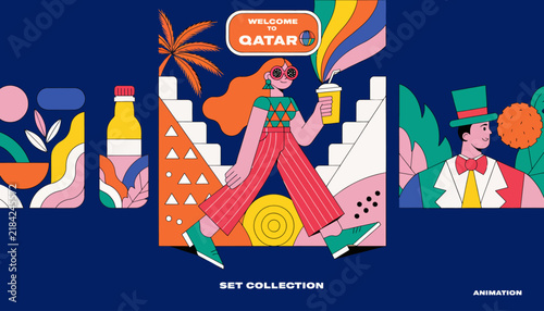 Welcome to Qatar: Vibrant Flat Design Illustration Set with People, Palm Trees, and Abstract Shapes