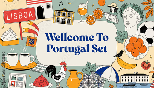 Welcome To Portugal Set: Lisboa Landmark, Soccer, Rooster, Oranges, Coffee, Architecture, Travel Icons
