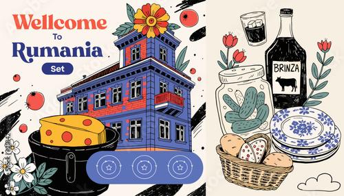 Welcome to Rumania Set: Traditional Architecture, Food, and Drink Illustration