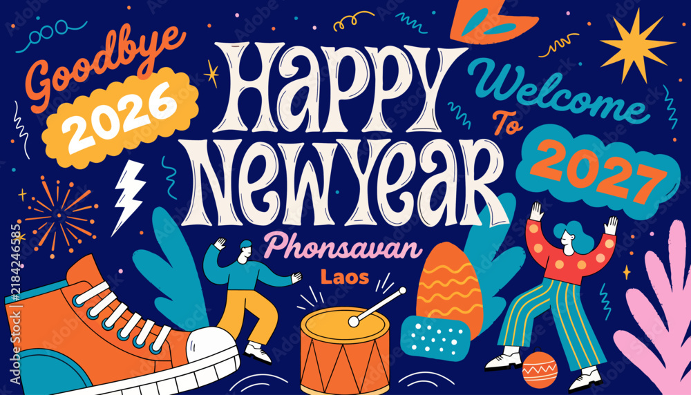 Fototapeta premium Happy New Year 2027 Greeting Card with Phonsavan Laos Text and Festive Graphics | Goodbye 2026