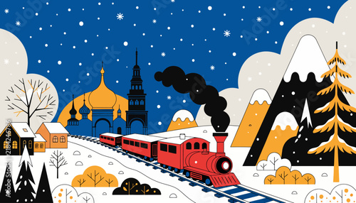 Vintage Red Train Journey Through Snowy Russian Landscape with Golden Domes