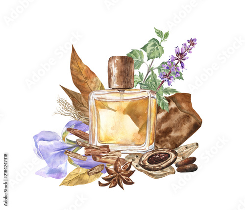 фотографія Watercolor illustration of the perfume composition with a glass perfume bottle a