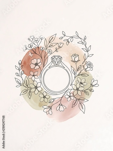 Engagement Ring Line Art with Floral Wreath and Soft Watercolor Washes for Wedding Invitations