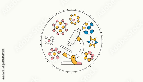 microscope with colorful molecules and atoms, science and research concept