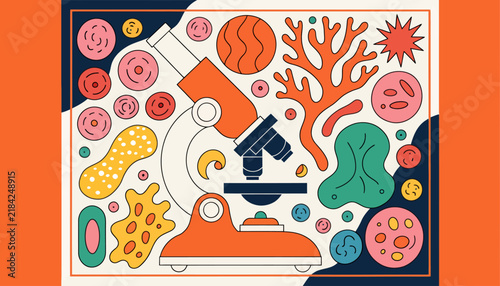 microscope with colorful cells and microorganisms
