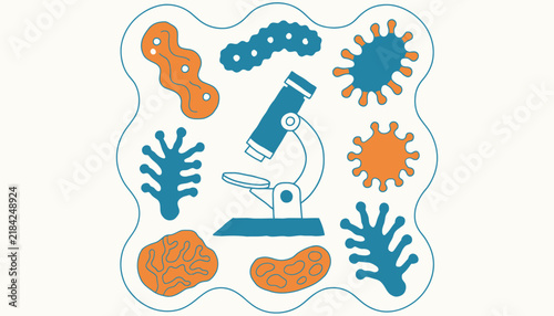 microscope with various bacteria and viruses, microbiology concept