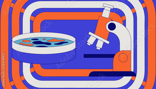 Petri dish with microscope, lab equipment for science research