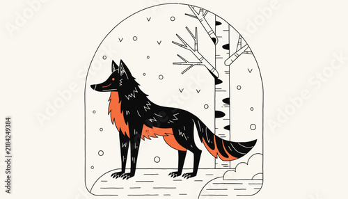 Mysterious Wolf in Snowy Birch Forest, Winter Wildlife Illustration, Dark Silhouette and Orange Accents