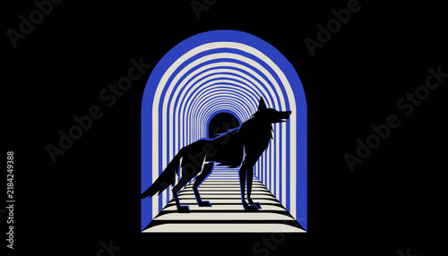 Mysterious Wolf Silhouette in Psychedelic Tunnel Architecture - Surreal Dreamscape, Abstract Animal Art