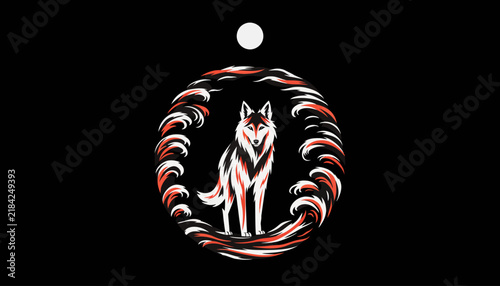 Mystical Wolf in Circular Frame with Moon Overhead - Dark Fantasy Art