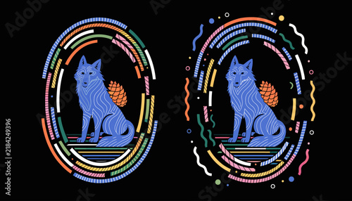 Stylized Blue Wolf and Pinecone Inside Abstract Geometric Oval Frame, Vector Illustration