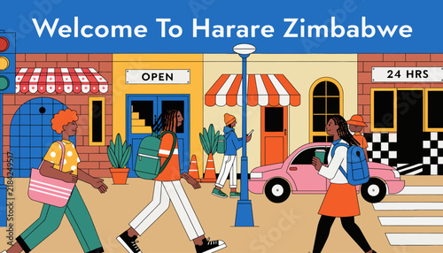 Welcome to Harare, Zimbabwe - Vibrant City Street Scene with Diverse People and Local Architecture