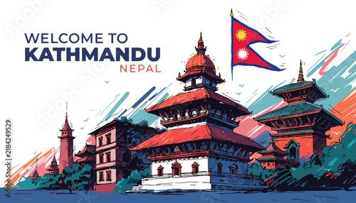 Welcome to Kathmandu Nepal - Iconic Pagoda Temples and Nepali Flag in Artistic Illustration