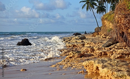 Ipioca beach near to Maceio city in Brasil. Sea waves breaking on coast line, rocks and palm trees on the shore