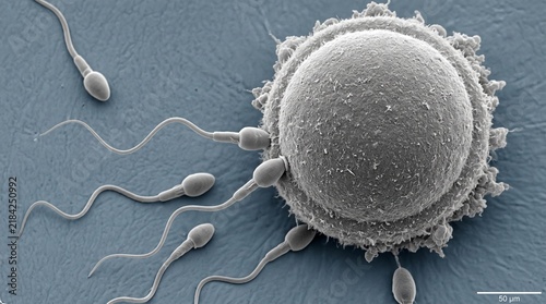Fotografie Scanning electron micrograph of human sperm cells approaching an egg cell, illus
