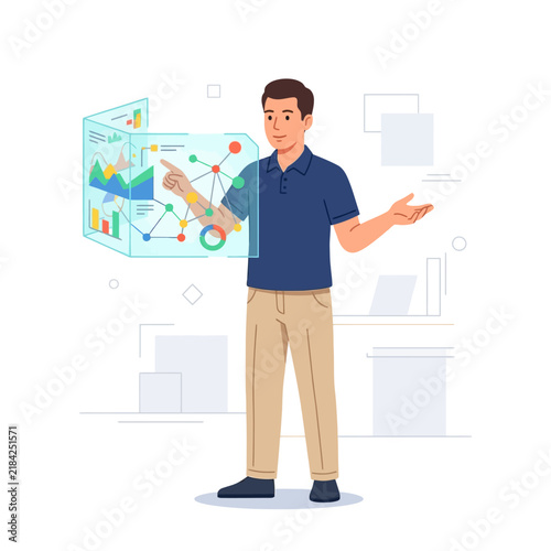 Man Interacting With Futuristic Data Visualization Screen Modern Technology Concepts