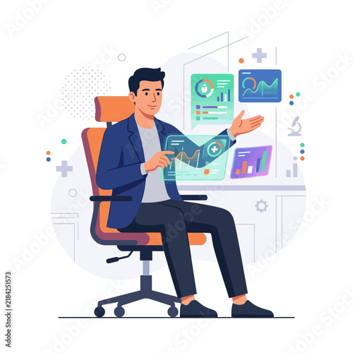 Man Interacting With Futuristic Data Visualizations In Modern Office