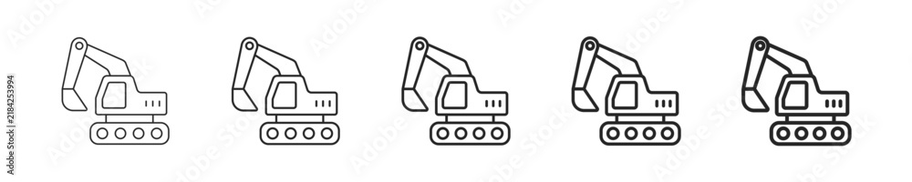 Naklejka premium Excavator vector icon in minimalist line style. Clean editable stroke illustration with geometric design and monochrome appearance, isolated on white background