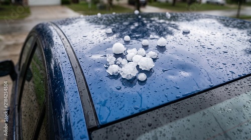 Hailstones on a wet blue car roof after a storm
