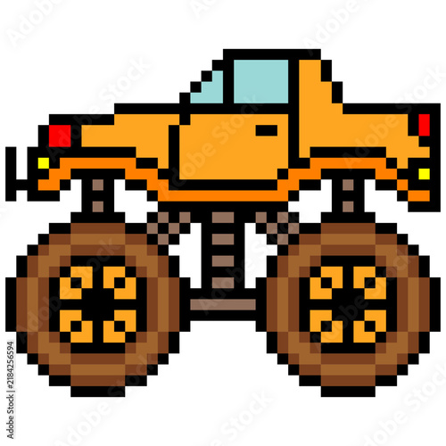 Pixel art of a monster truck with large tires
