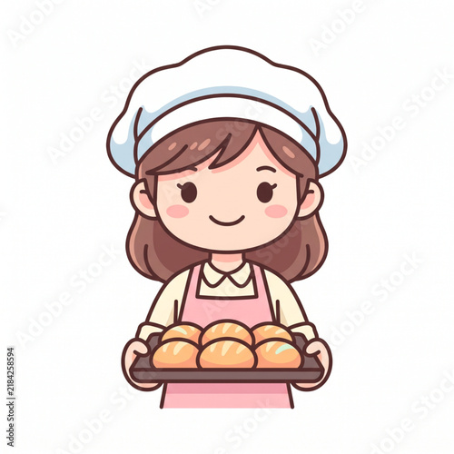 Cute female baker holding tray of fresh baked bread wearing chef hat and pink apron cartoon vector illustration isolated on white background. 