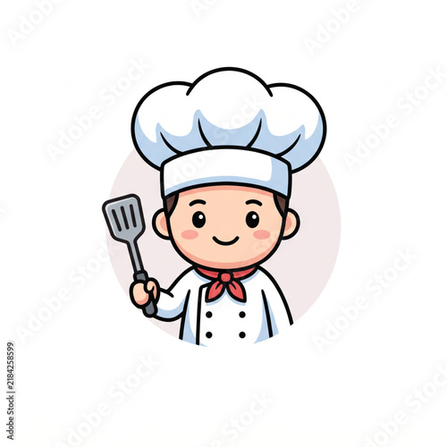 Cute male chef holding spatula wearing chef hat and uniform cartoon vector illustration isolated on white background. 