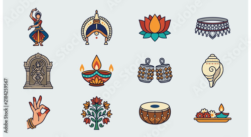 Indian Classical Dance Bharatanatyam Cultural Vector Icon Set