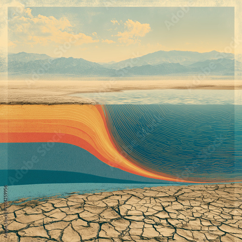 Water Scarcity Under Cracked Earth depicting the critical issue showing drying riverbed and subterranean water layers into arid.