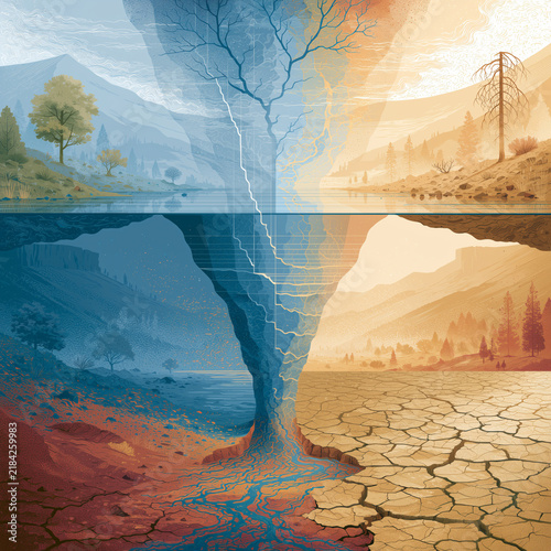 Climate Change visual metaphor contrasting lush greenery and water with barren, cracked earth and drought stricken trees, symbolizing the devastating impact.