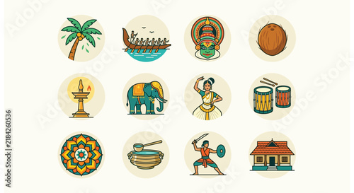 Kerala Cultural Heritage Vector Icon Set
