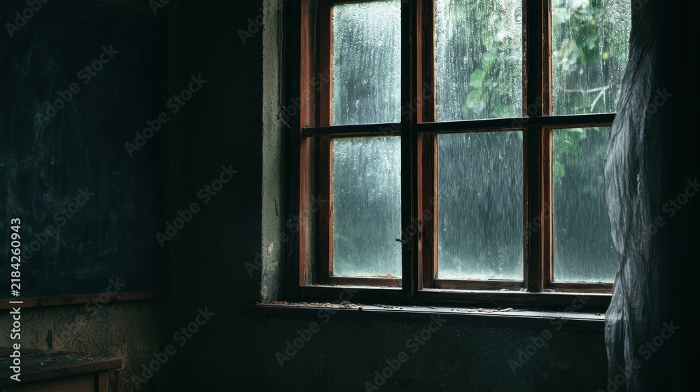 Obraz premium Chalk art blackboard sits beside a window with rain falling on the glass in a rustic environment during a rainy day.