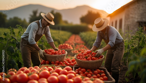 Golden Hour Tomato Harvest with Farmers in Straw Hats – Organic Farming Landscape
