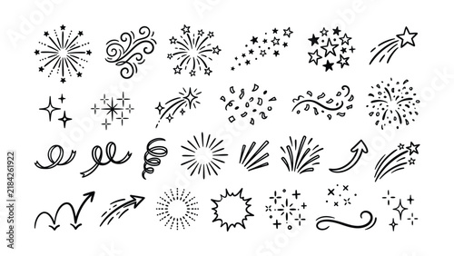 Collection of festive doodles including fireworks stars ribbons and sparkles on white background
