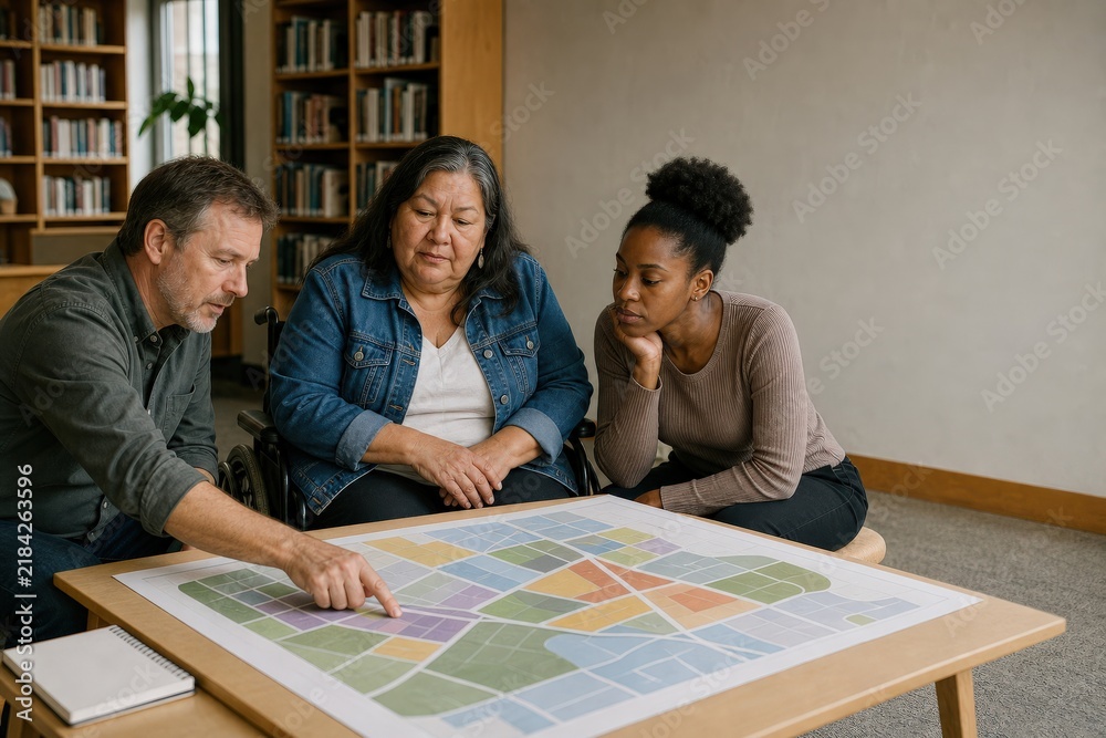 Obraz premium Flood Resilience Community Planning - Residents and Planner Contribute Around an Abstract Tabletop Map in a Library